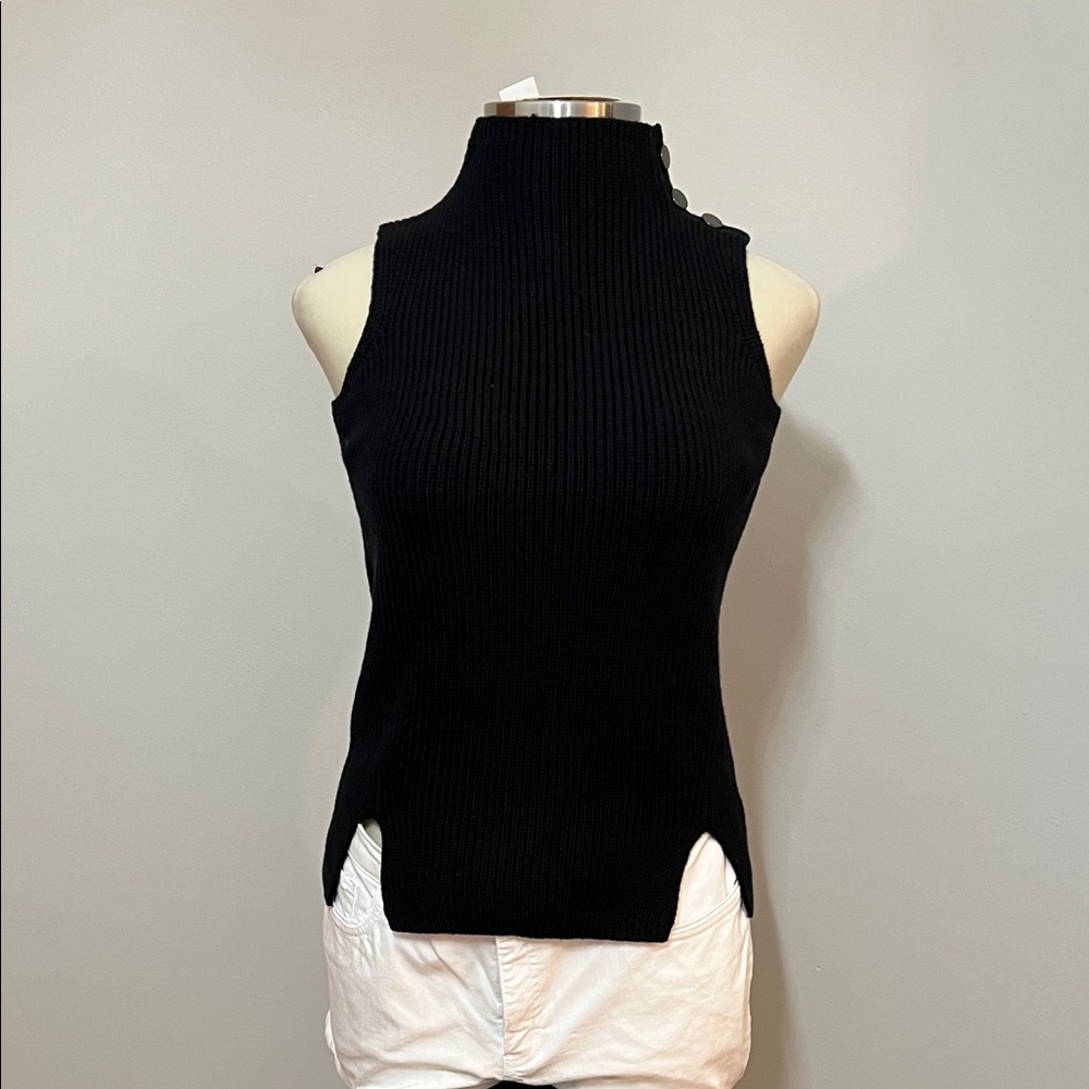 LOFT Black Sleeveless Quite Luxury Mock Neck Vertical Ribbed Decorative Sweater - Picture 1 of 13